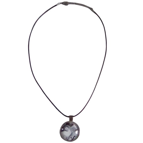 Unbranded Jewelry - Handmade Black White Marbled Glass Pendant Necklace Bronze Tone Cord Adjustable